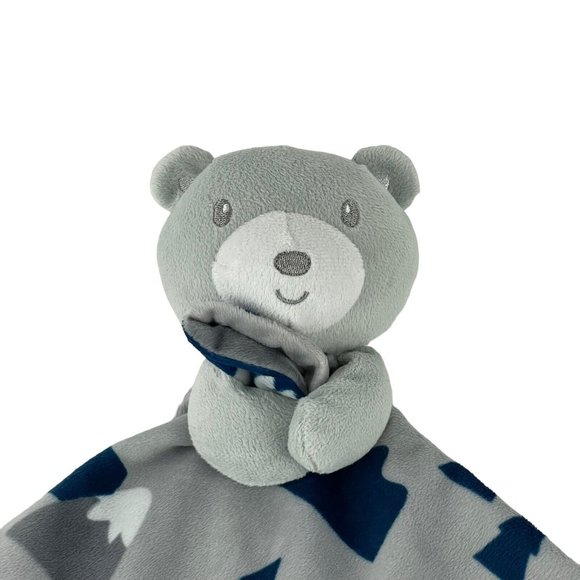Baby Essentials Grey Teddy Bear Lovey 14" Security Blanket Blue Trees Clouds - Picture 3 of 7